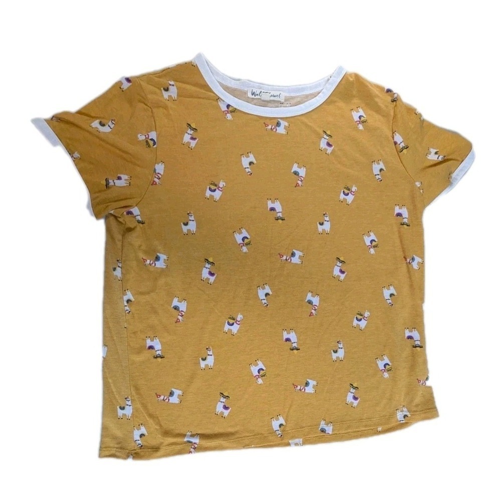 WallFlower Mustard Yellow Llama Print Ringer T-Shirt – Size XL – Cute Animal...